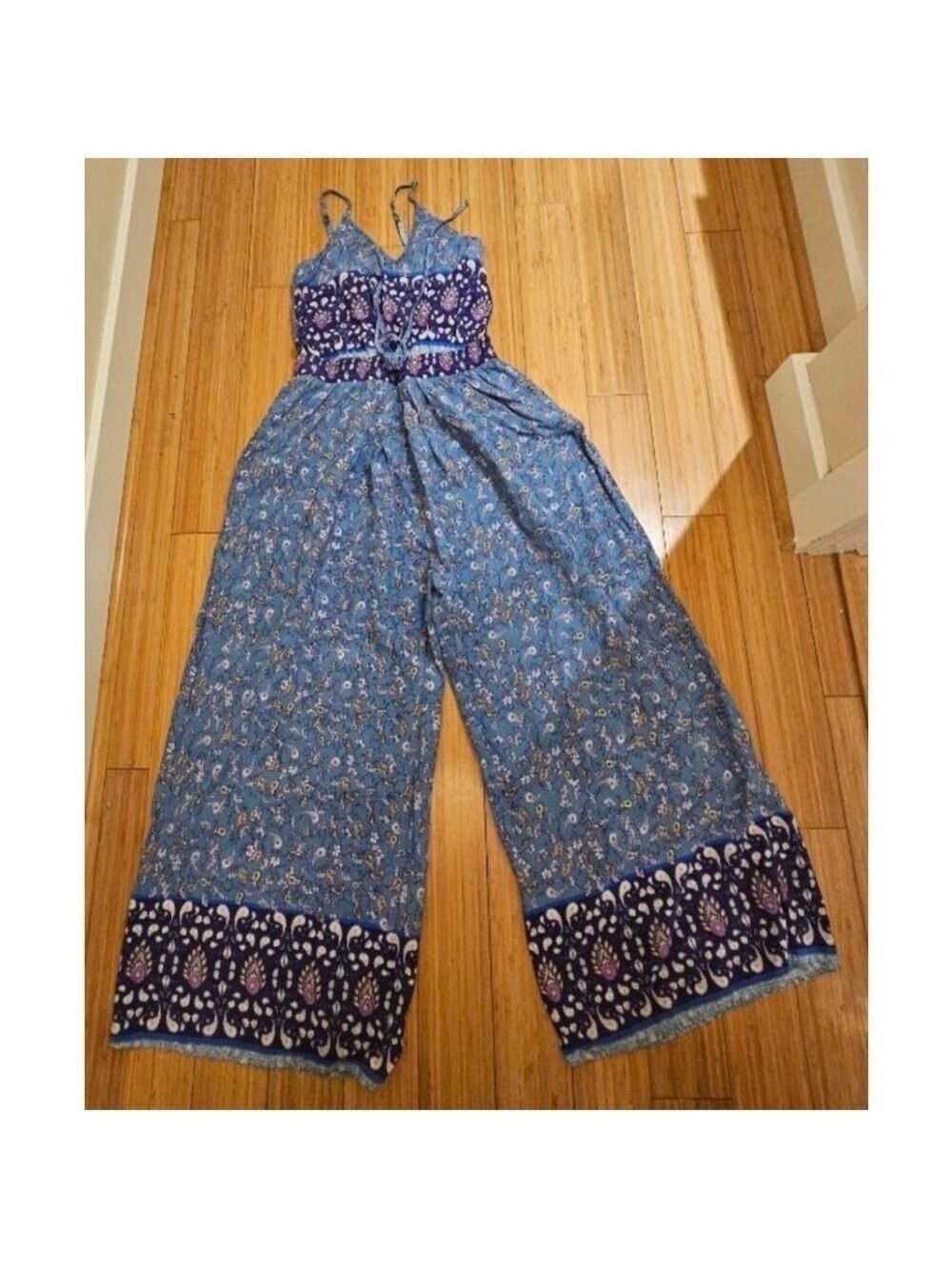 JAASE Wave Sapphire Print Jumpsuit Blue Purple Paisley Boho Hippie Wide Leg L - Picture 2 of 5